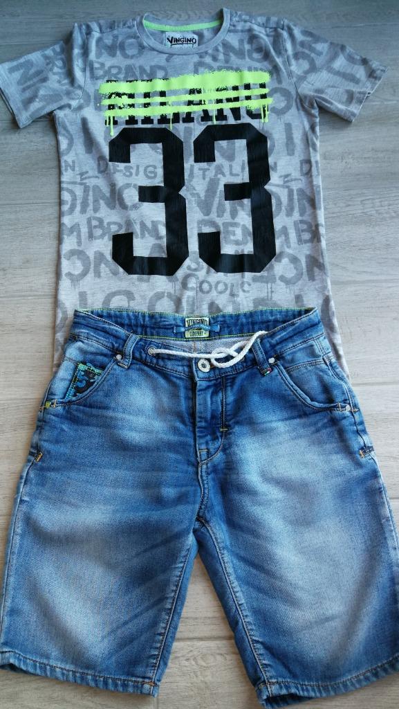 Jeansshort + T-shirt - Vingino - maat 152, Ophalen of Verzenden, Zo goed als nieuw, Setje, Vingino