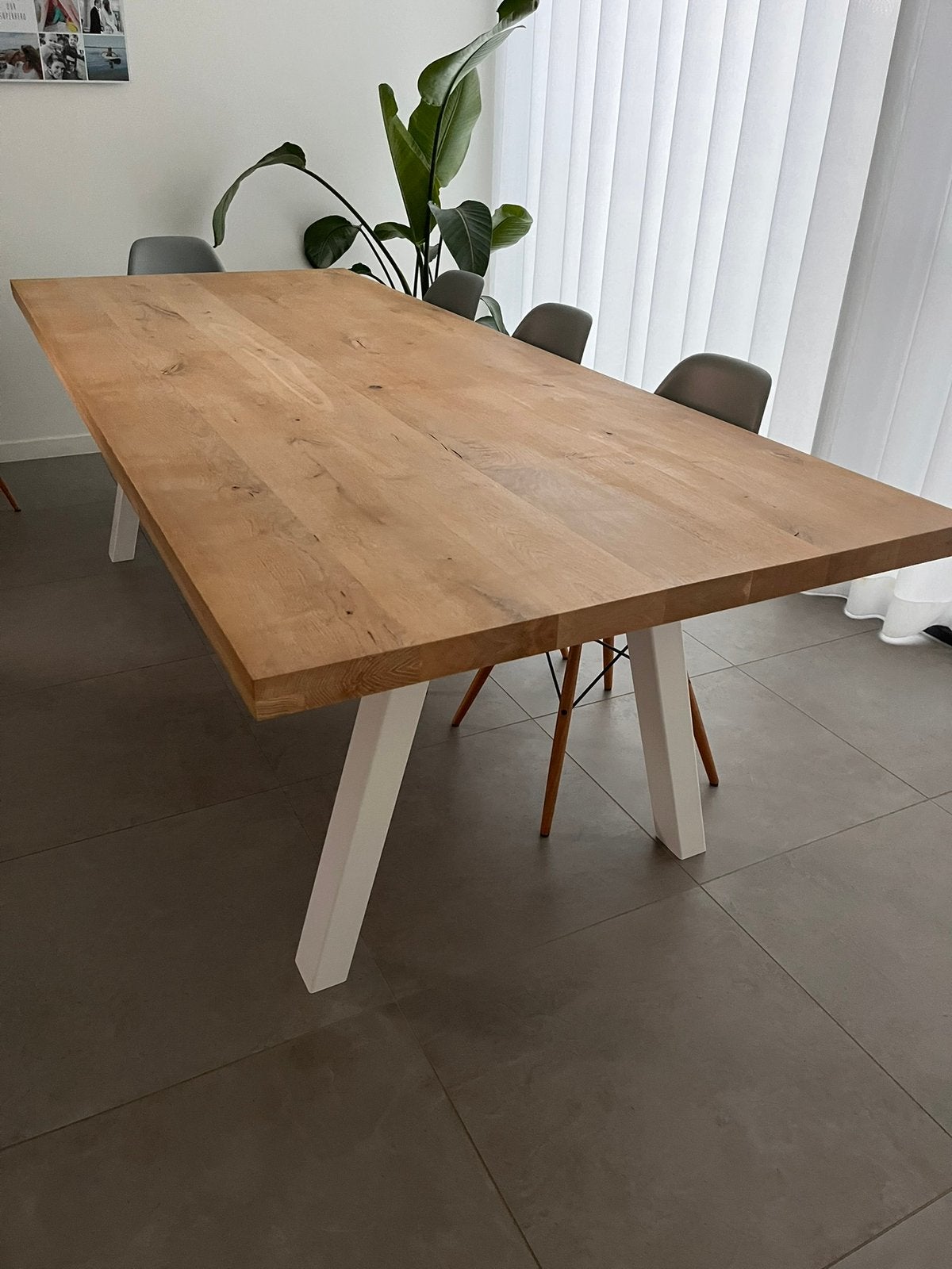 Houten eiken tafel met stalen onderstel 240 cm, 100 à 150 cm, Enlèvement, Utilisé, Chêne