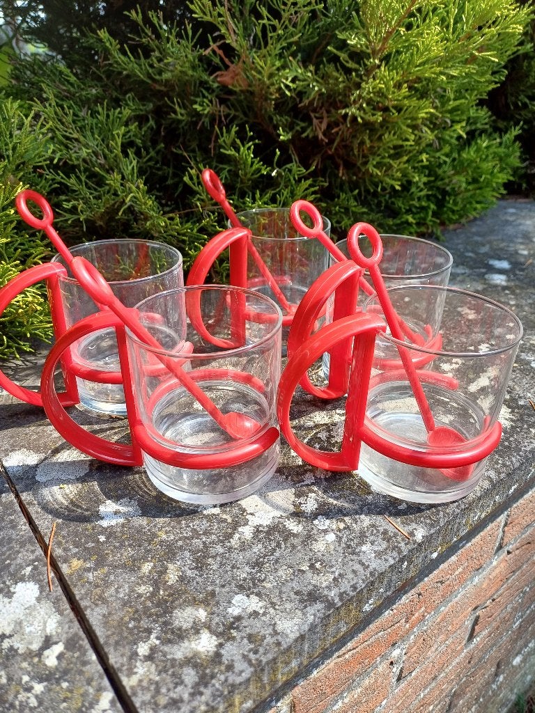 5 vintage rode bodumbekers, Huis en Inrichting, Keuken | Servies, Glas of Glazen, Gebruikt, Vintage, Ophalen of Verzenden