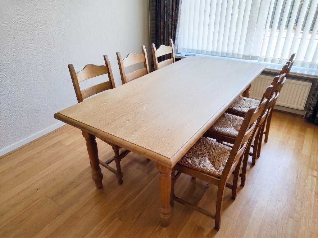 Ensemble de salle à manger en bois — table + 6 chaises, Enlèvement, Utilisé, 50 à 100 cm, Rectangulaire