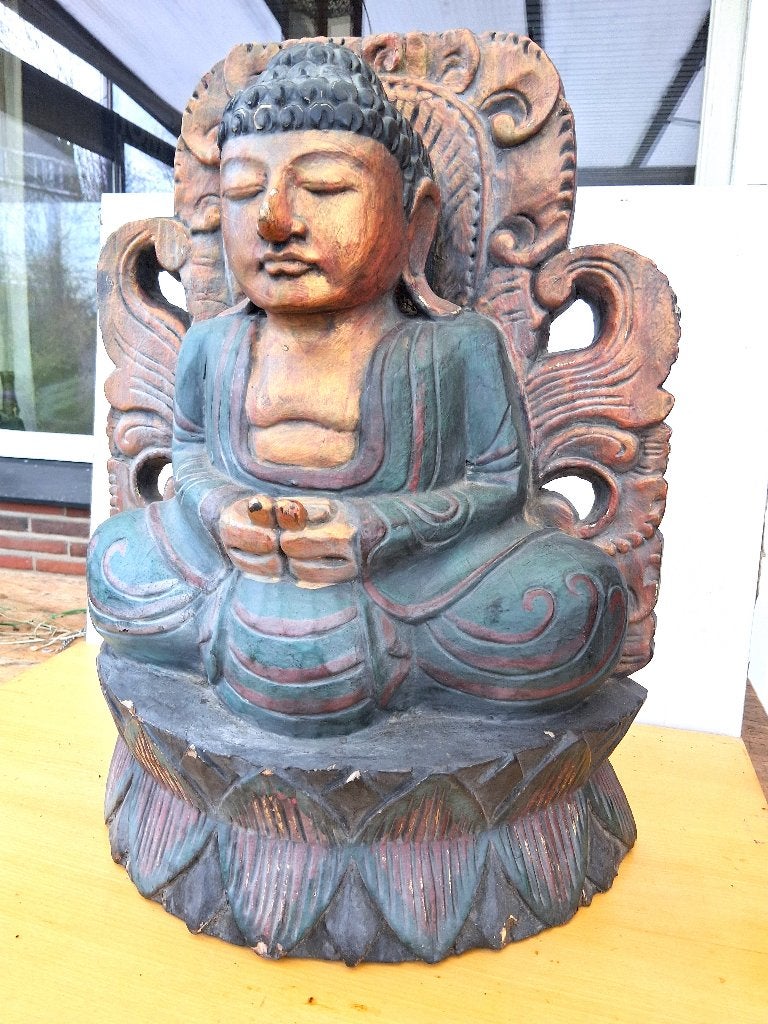 Statue de Bouddha ancienne en bois, Maison & Meubles, Enlèvement ou Envoi, Bois, Fait à la main