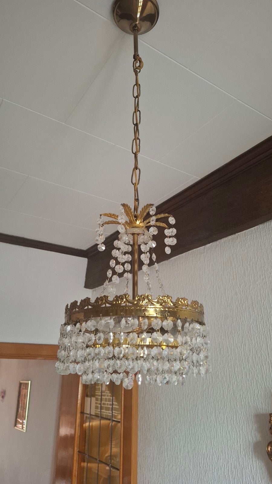 Lustre corbeille vintage laiton et pampilles verre / Cristal, Enlèvement, Utilisé, Verre, Sac d'eau / Vintage
