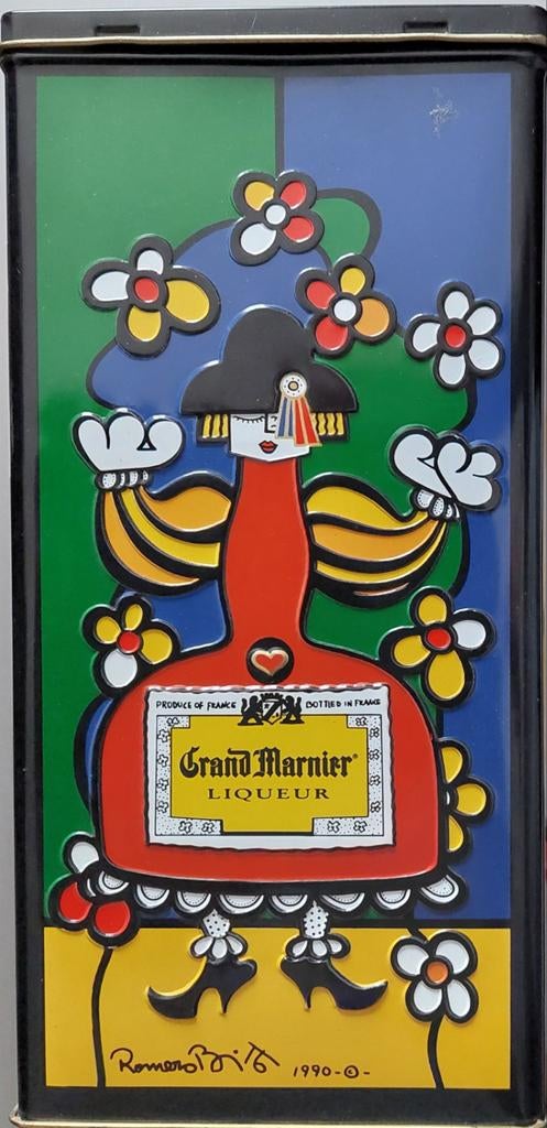 Metalen doos voor fles Grand Marnier - Romero Britto 1990, Verzamelen, Ophalen of Verzenden, Zo goed als nieuw, Overige merken