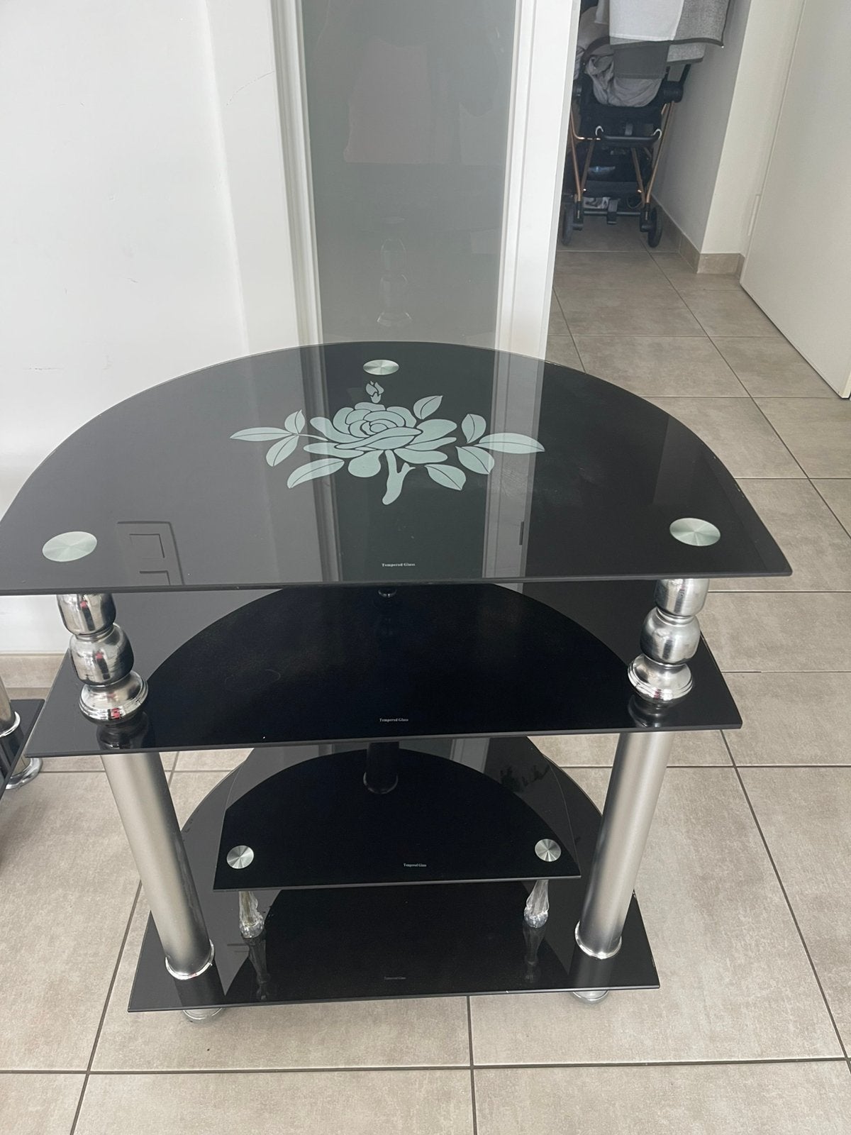 Meuble TV d'angle en verre noir et chrome - État neuf, 25 à 50 cm, Moins de 100 cm, Comme neuf, Verre