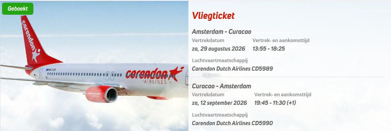 2 vliegtickets Curaçao | 29/08 - 12/09 | 20 kg ruimbagage