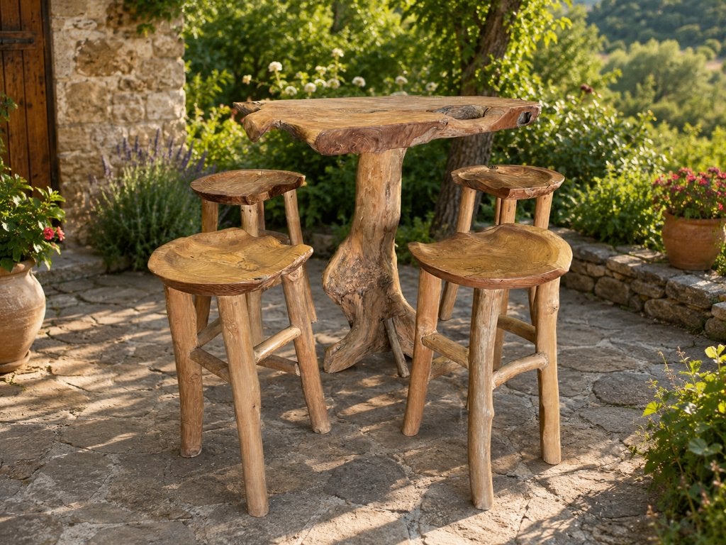 Table en teck avec 4 tabourets, Jardin & Terrasse, Enlèvement, Comme neuf