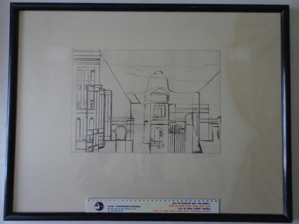 belle gravure Gaston Bertrand La Banque de Bruxelles 1966, Eau-forte, Vue urbaine, Enlèvement, Encadré
