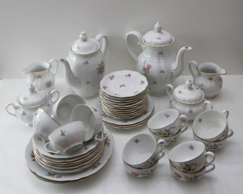 Antiek koffie/thee servies-bloemmotief Bavaria/Ch.-Slovakije, Ophalen, Gebruikt, Porselein, Compleet servies