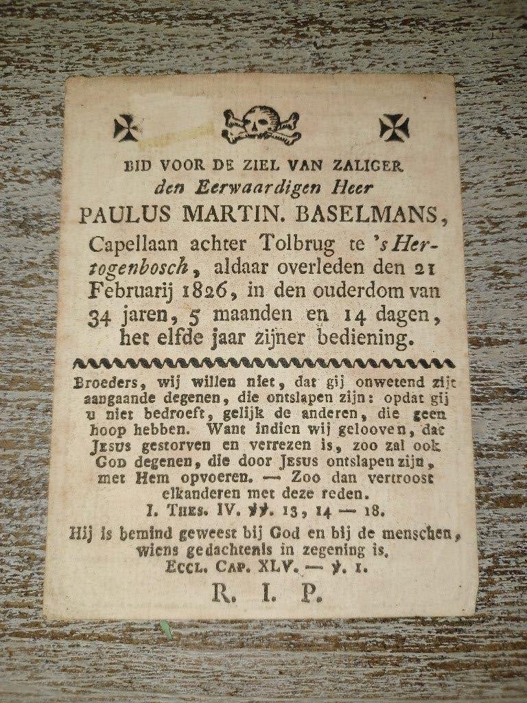 1826 doodsprentje nederland kapelaan baselmans litho h. leys, Ophalen of Verzenden