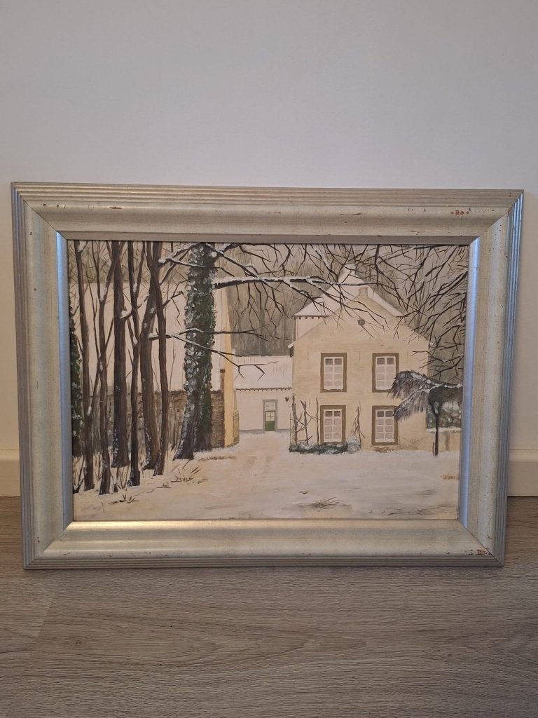 Schilderij: Winterlandschap met huis, Acrylverf, Doek, Realistisch, Ophalen of Verzenden