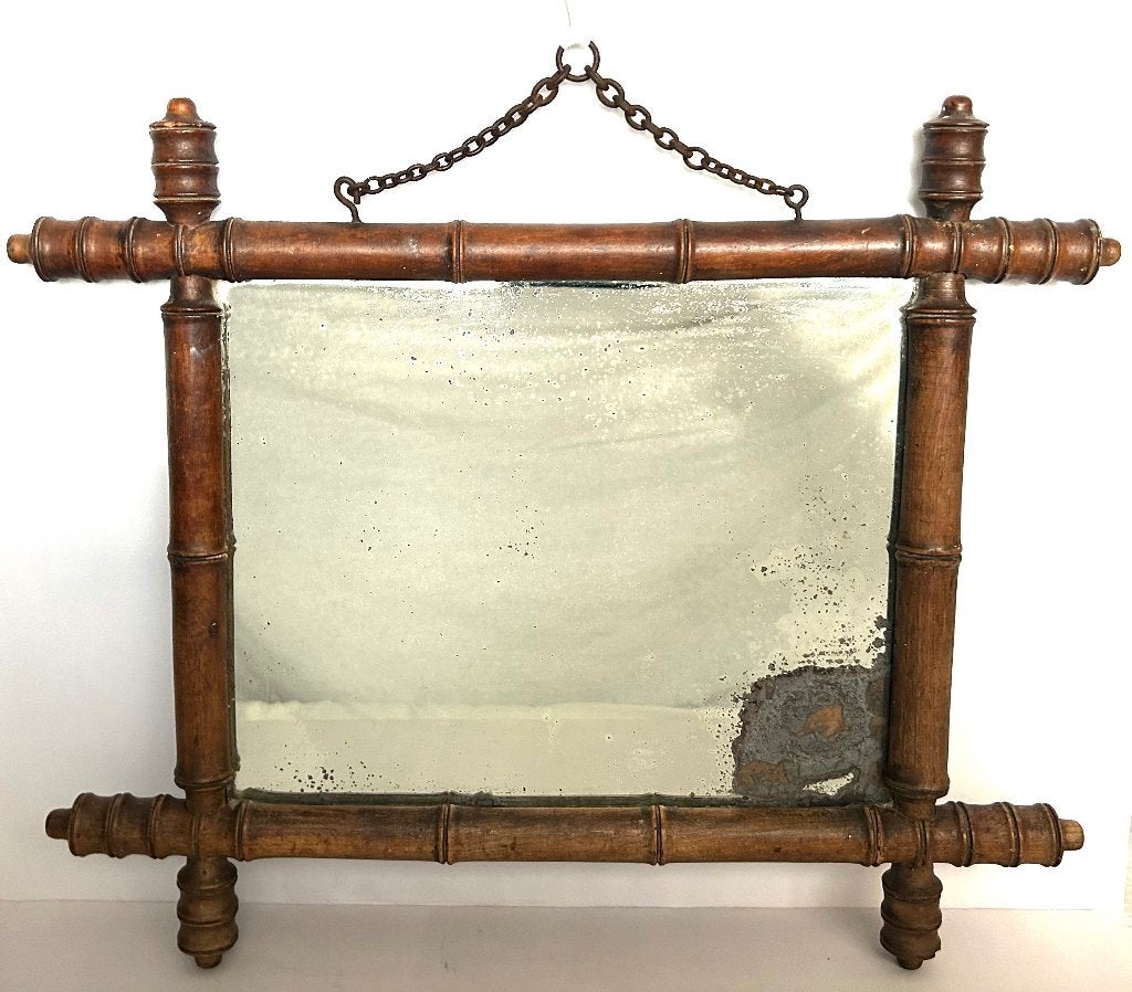Antieke Houten Faux Bamboe Bambou Spiegel 50x42cm, Enlèvement ou Envoi