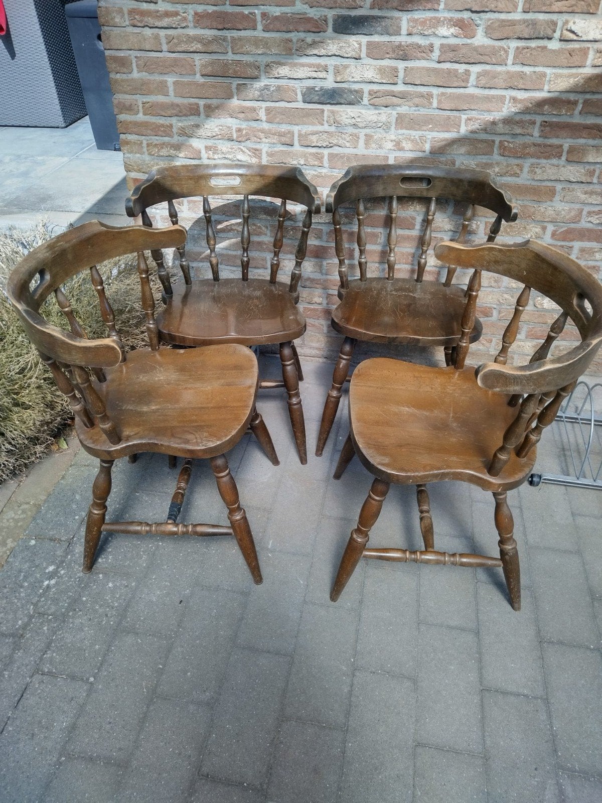 4 vintage caféstoelen/spijlstoelen - 3+1 gratis, Huis en Inrichting, Ophalen, Gebruikt, Bruin, Caféstoel / kapitein-stoel / spijlstoel