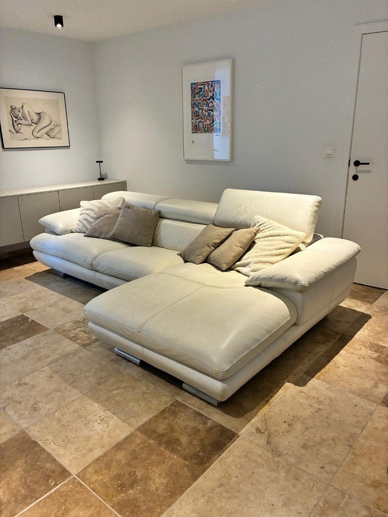 Ecru lederen salon met longchair, Huis en Inrichting, Ophalen, Gebruikt, Leer