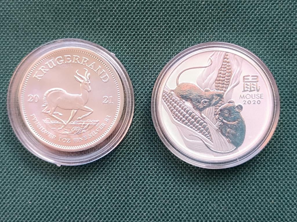 Krugerrand 2021 en Lunar Mouse 2020 - 1oz zilveren munten, Postzegels en Munten, Ophalen of Verzenden, Losse munt, Zilver