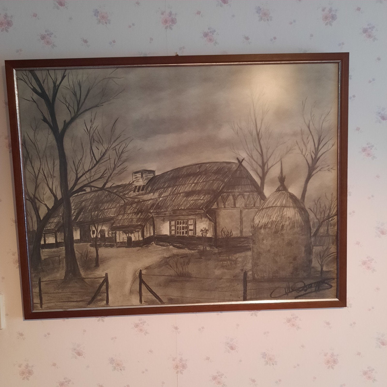 Houtskool schilderij . Professioneel ingelijst . Bieden ., Ophalen, Schilderij, Houtskooltekening, Achter glas