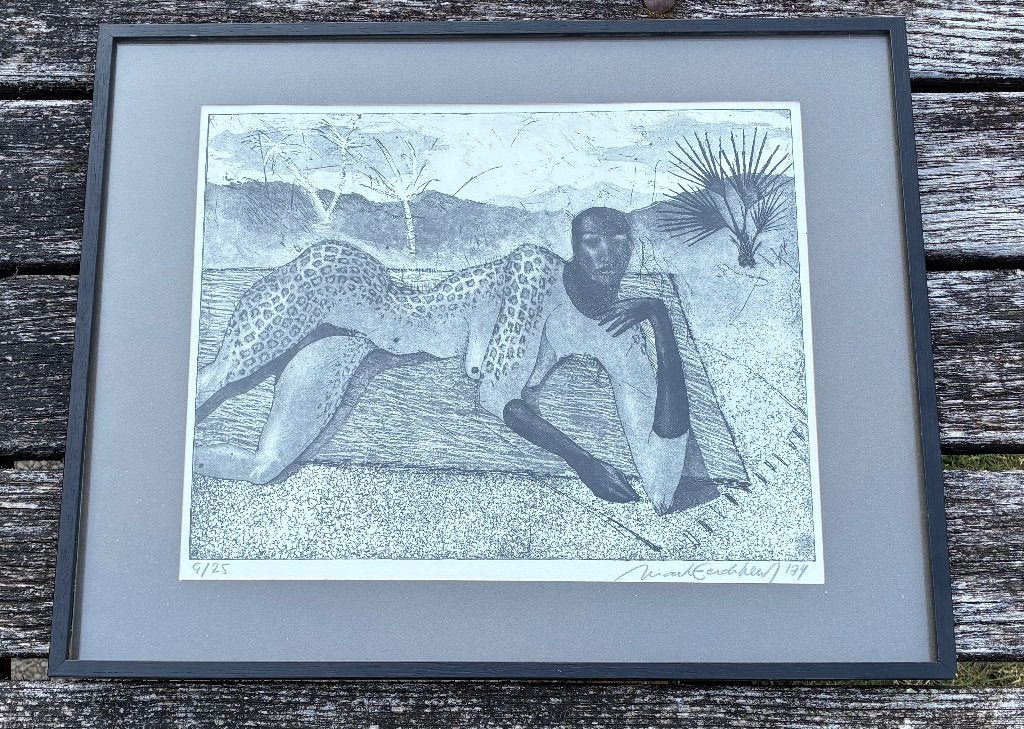 Litho Marc Eerdekens 1979 Houthalen Leopard Woman ingelijst, Gelimiteerde oplage, Lithografie, Ophalen, Personages en Fantasiefiguren