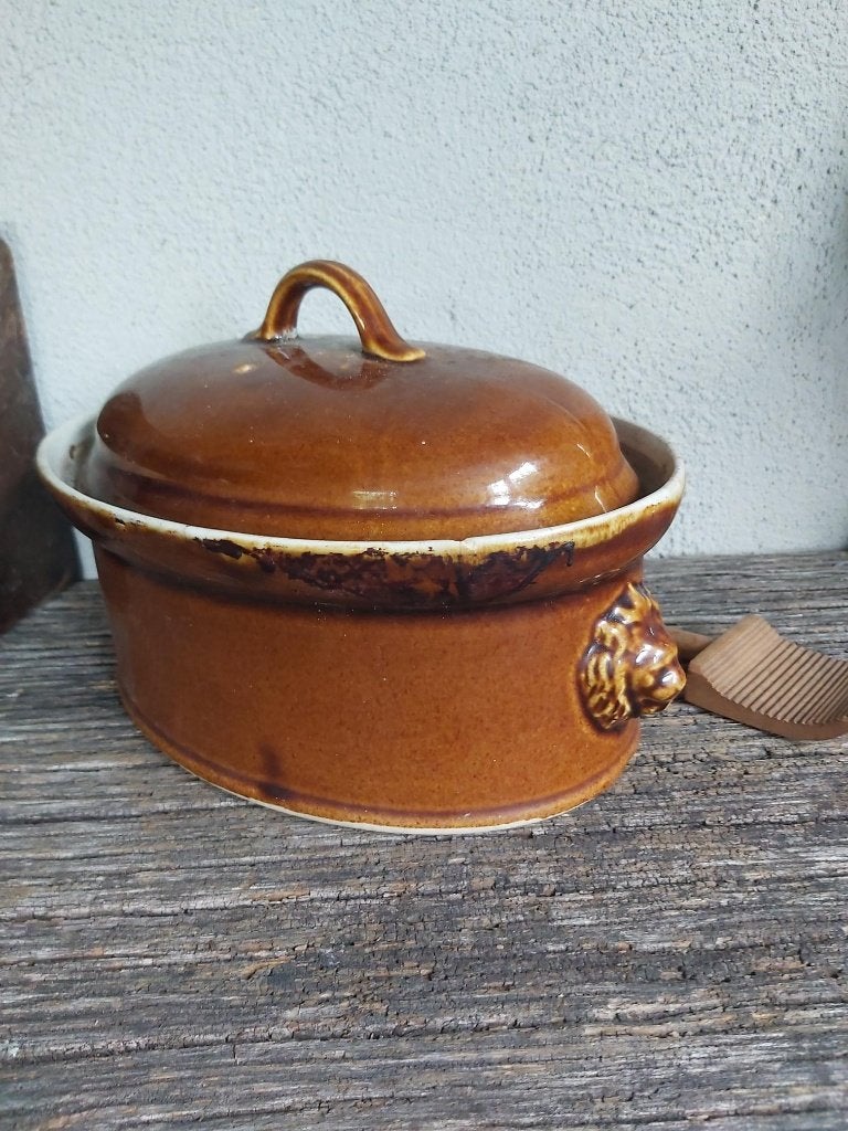 Mooie oude franse geglazuurde terrine met leeuwenkoppen, Antiek en Kunst, Antiek | Keramiek en Aardewerk, Ophalen of Verzenden