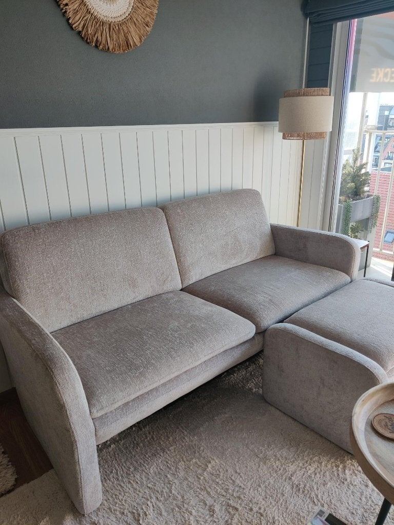 Canapé velours beige 2.5 places et repose pied, Enlèvement, Comme neuf, Autres dimensions, Banc droit