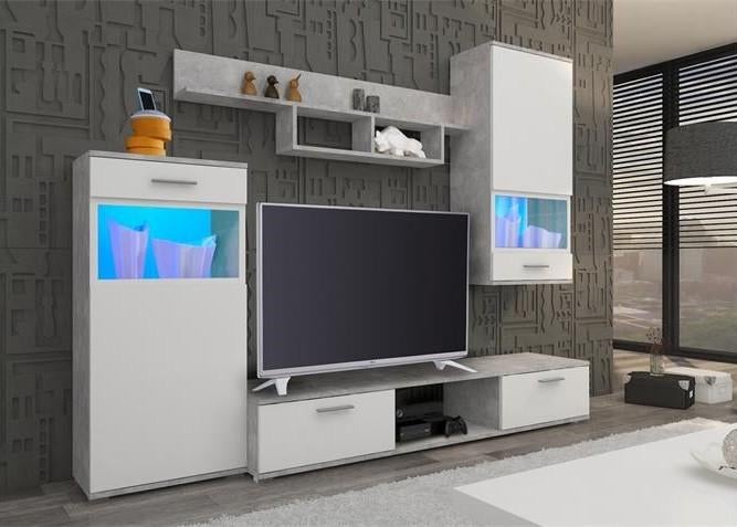Tv-wandmeubel set wit/betonlook met LED, 100 tot 150 cm, 75 cm of meer, Nieuw, Ophalen of Verzenden