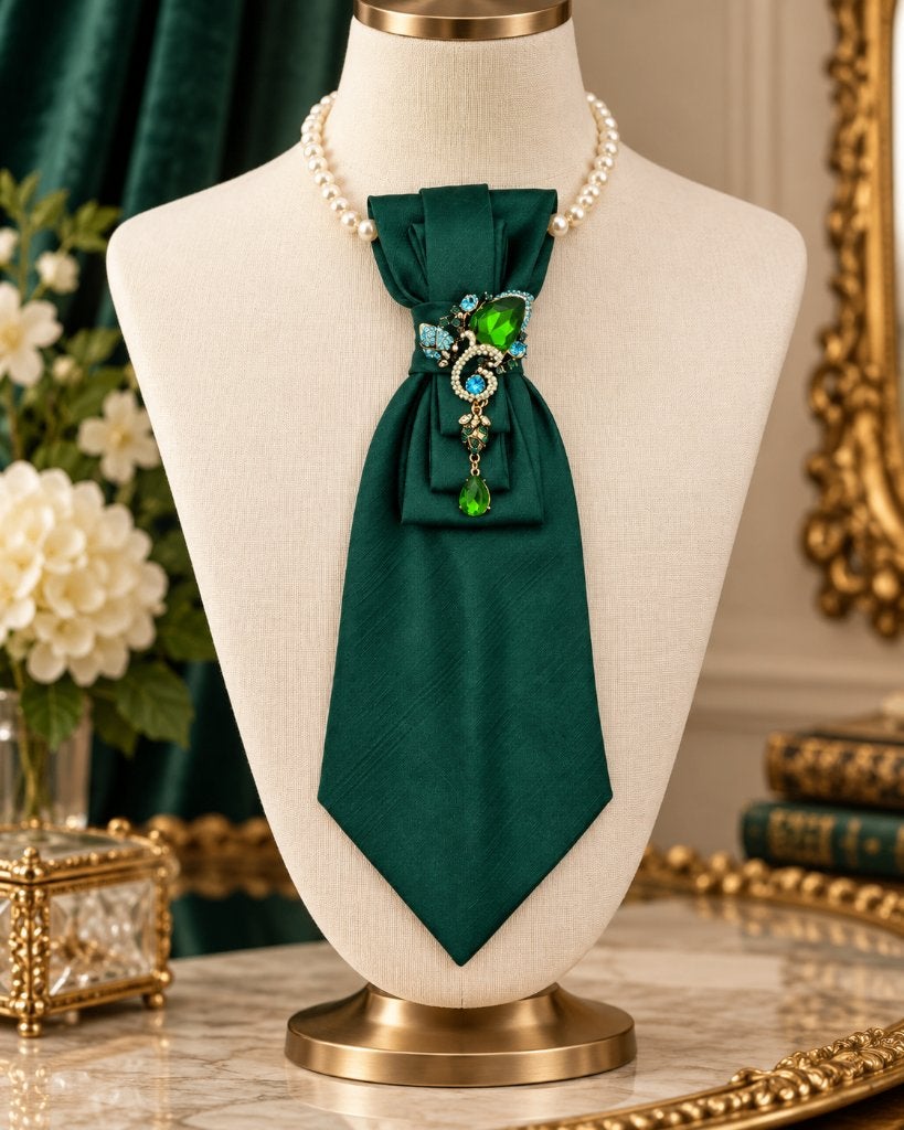 Vintage stropdas ketting  – uniek accessoire met broche, Handtassen en Accessoires, Verzenden, Zo goed als nieuw, Groen, Overige materialen