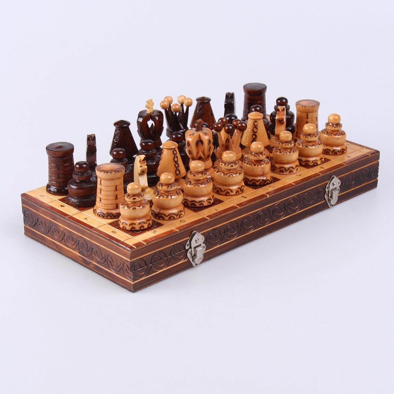 Vintage houten hout schaakset met koffer handgesneden 39 cm, Ophalen of Verzenden