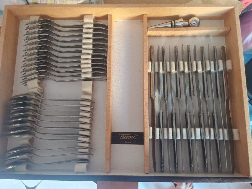 Ménagère Vintage REPPEL Inox - Coffret Meuble Bois 3 Tiroirs, Enlèvement, Bois, Ustensiles de service