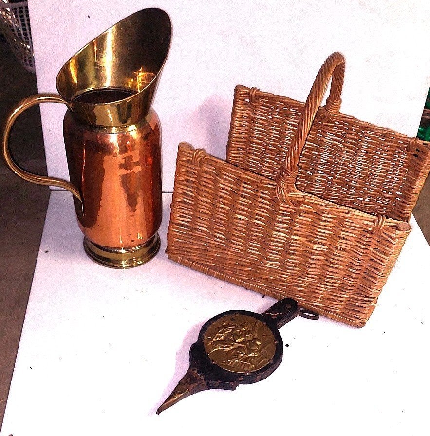 Vintage Blaasbalg + Koperen Schenkkan + Rieten Haardmand, Antiek en Kunst, Ophalen, Koper