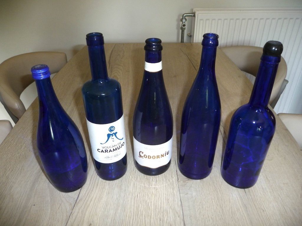 Blauwe wijnflessen (5 stuks), Ophalen of Verzenden, Zo goed als nieuw, Blauw, Glas