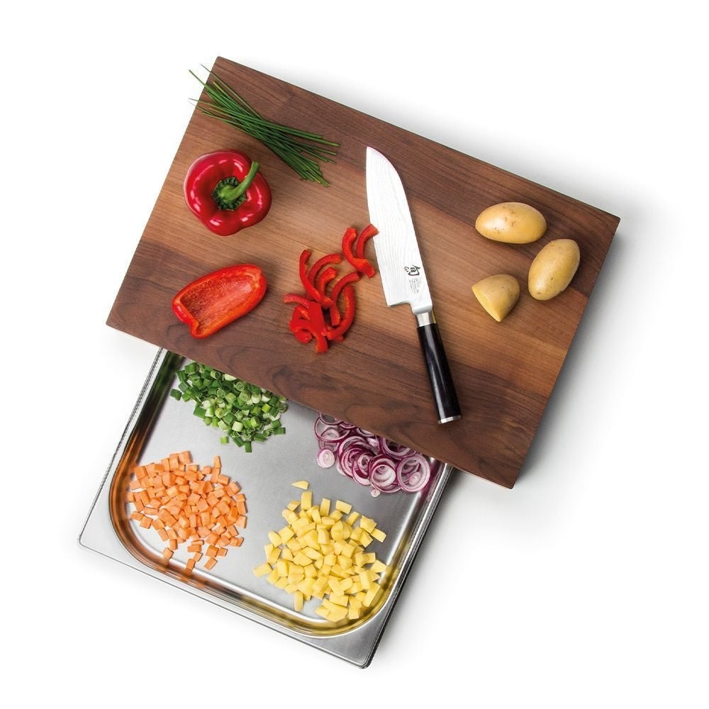 Nieuw | snijplank met inox lade Notelaar 48 x 32,5 x 6 cm, Ophalen of Verzenden, Nieuw, Rechthoekig, Hout