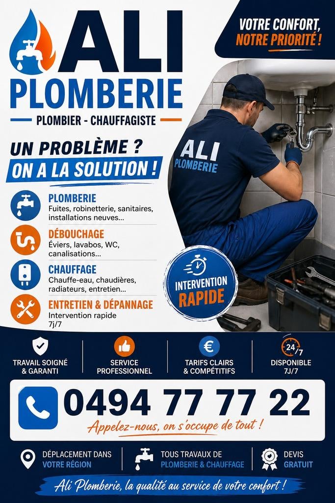 ALI PLOMBERIE
Plombier - Chauffagiste

Installation • Dépann, Enlèvement ou Envoi