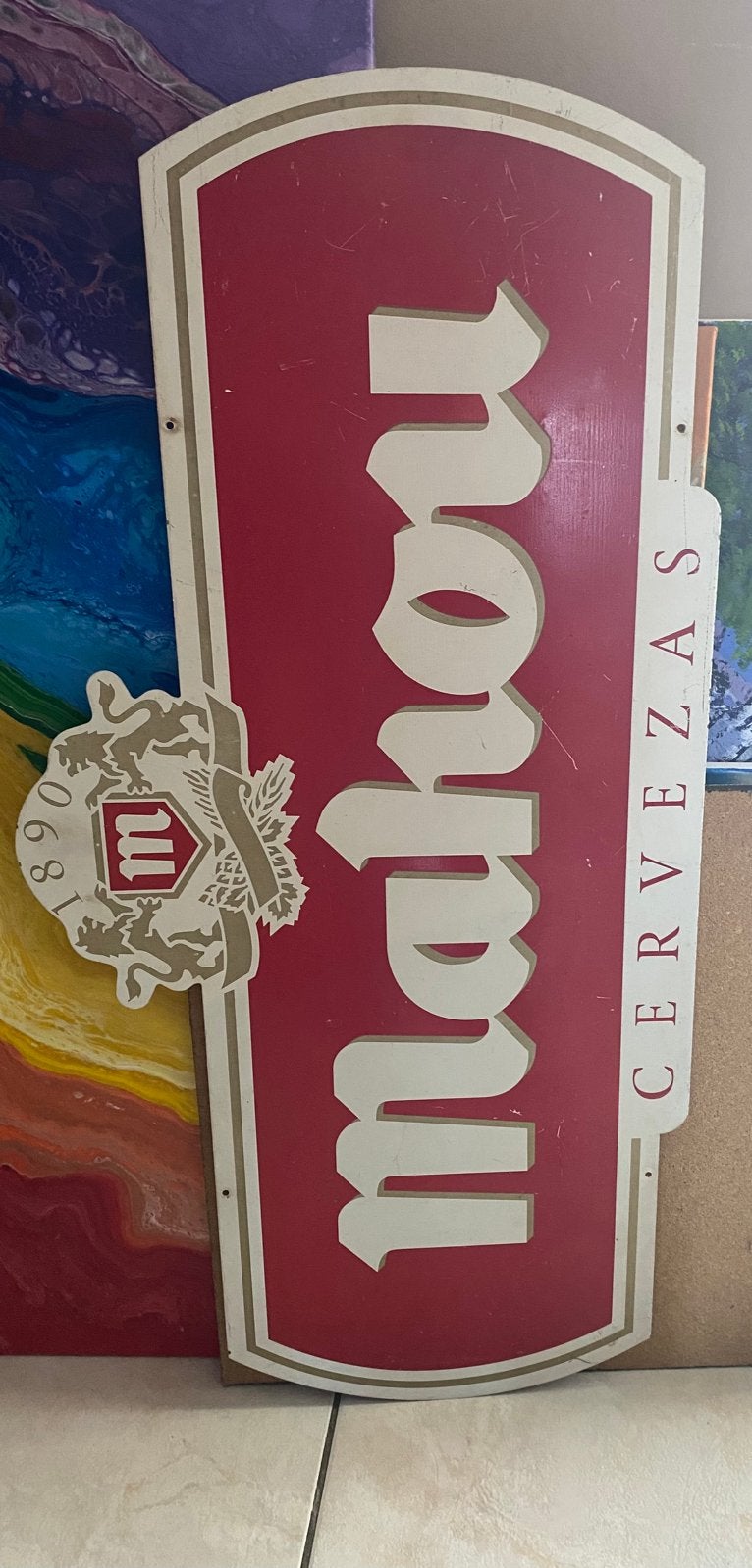 Vintage metalen bord “Mahou”, Ophalen, Gebruikt, Reclamebord