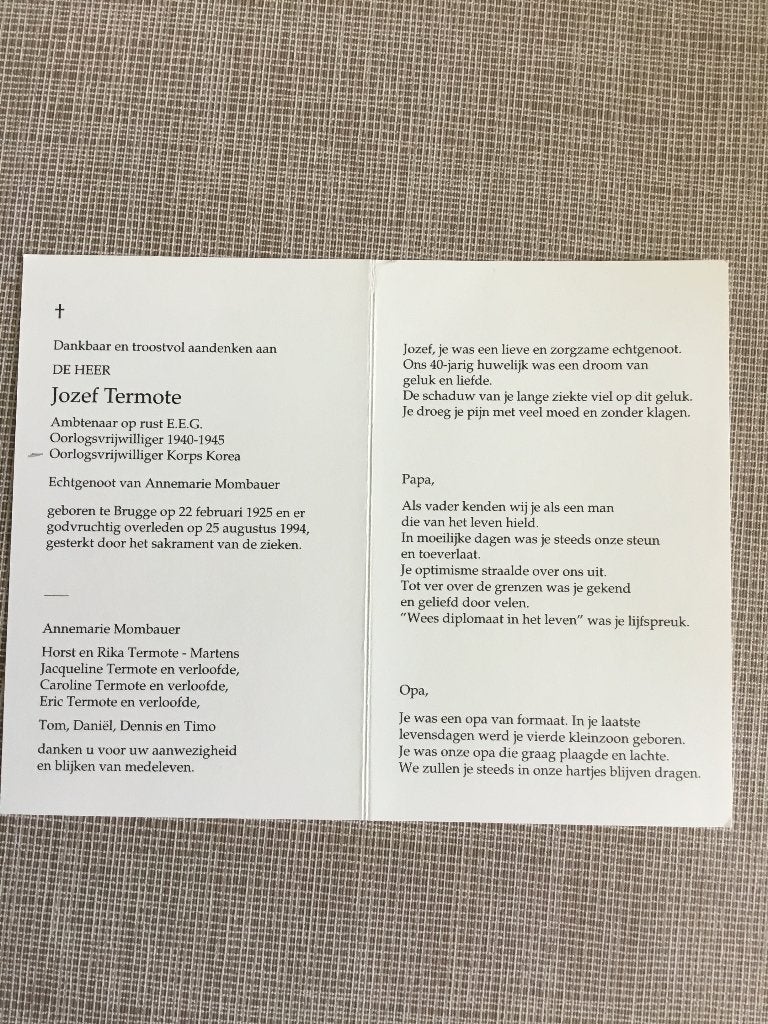 Soldaat paracommando Korea J.Termote Brugge +1994, Envoi, Image pieuse