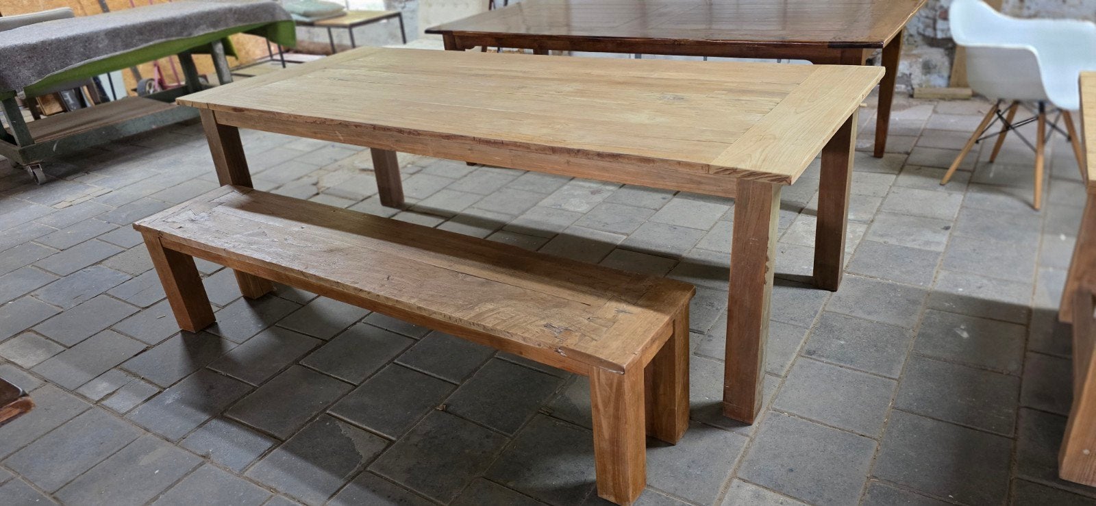 240 cm lange boerentafel met eetbank, Huis en Inrichting, Tafels | Eettafels, Ophalen of Verzenden, Gebruikt
