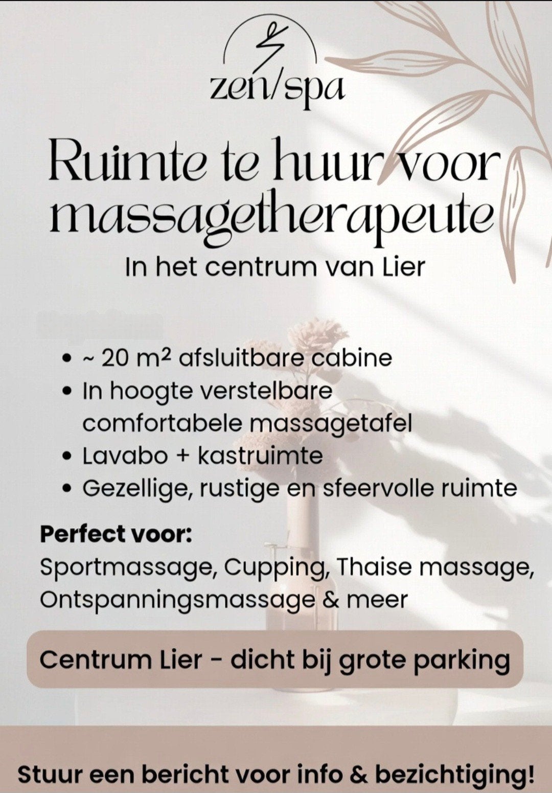 Praktijkruimte te huur in bestaand schoonheidssalon.