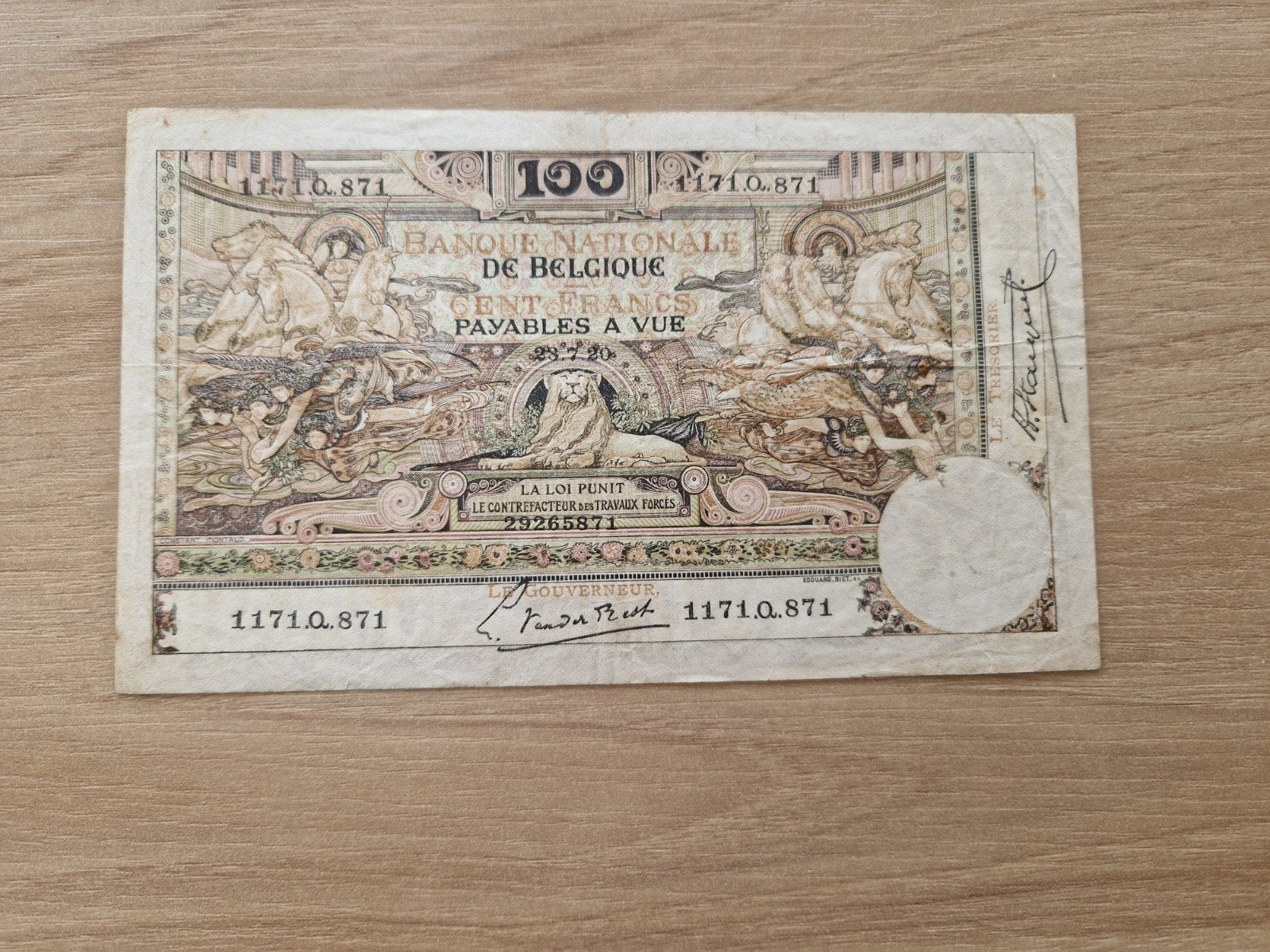 100 frank 23-7-1920, Ophalen of Verzenden