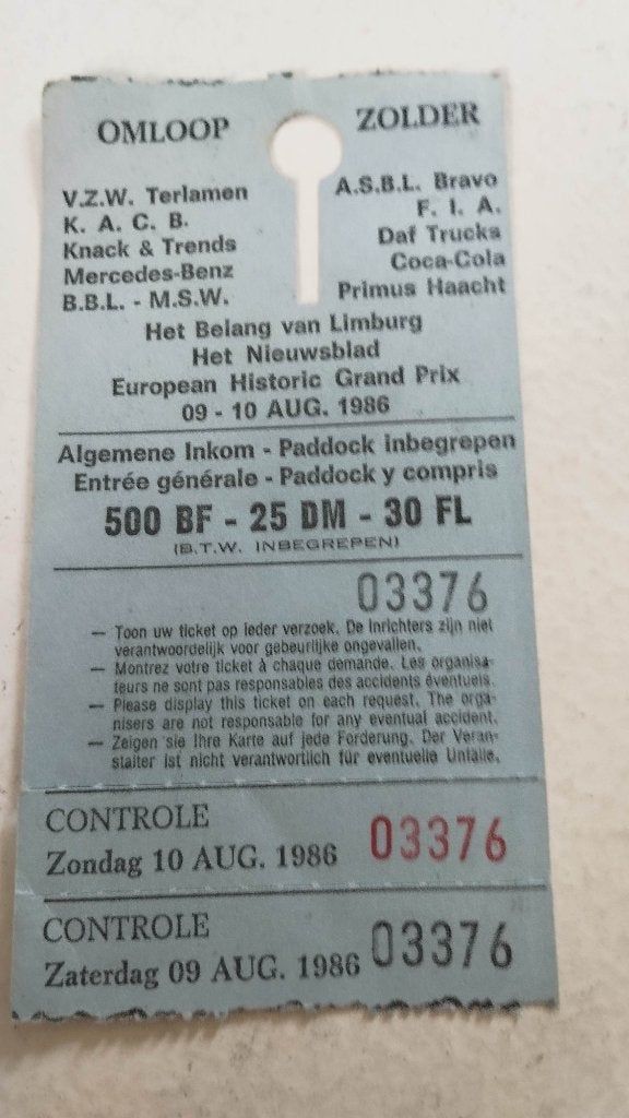 Ticket 1986 Zolder Terlanen EUROPEAN HISTORIC GRAND PRIX, Tickets & Billets, Une personne, Août