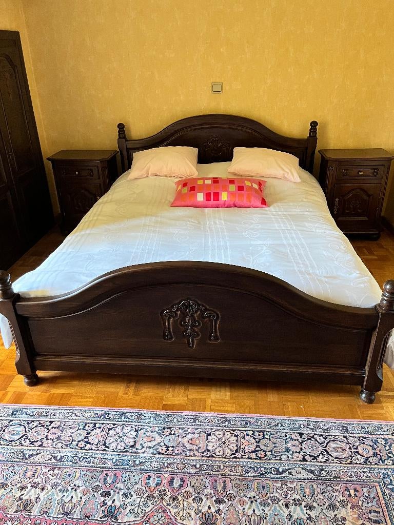 Lit double avec 2 tables de chevet 160X200, Maison & Meubles, Klassiek, Comme neuf, Brun, Enlèvement