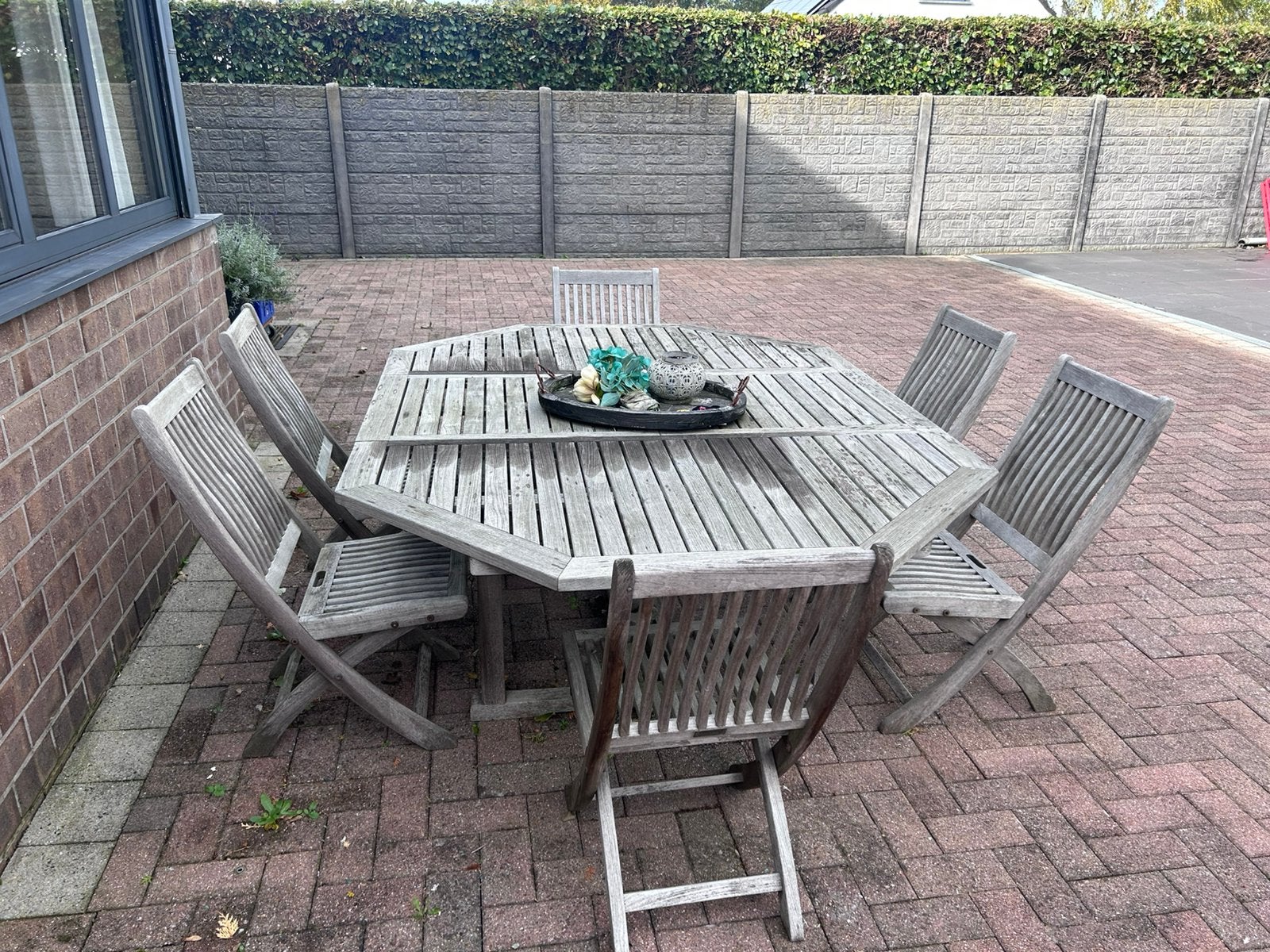 Teak terrastafel met 6 stoelen, Ophalen, Gebruikt, 6 zitplaatsen, Teakhout