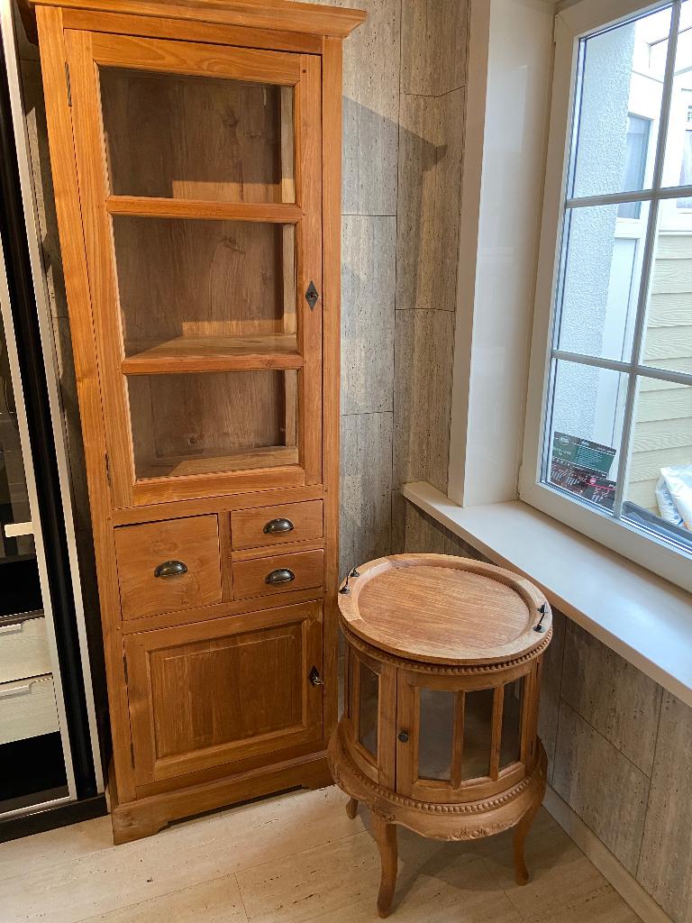 Vitrine + barkastje in teak, Huis en Inrichting, Kasten | Vitrinekasten, Ophalen, Klassiek teak hout, Met deur(en), Teakhout