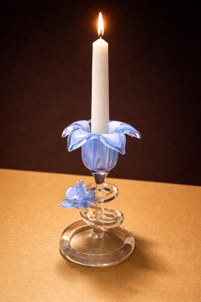 Murano glazen kandelaar bloem blauw wit Italië vintage, Antiek en Kunst, Ophalen