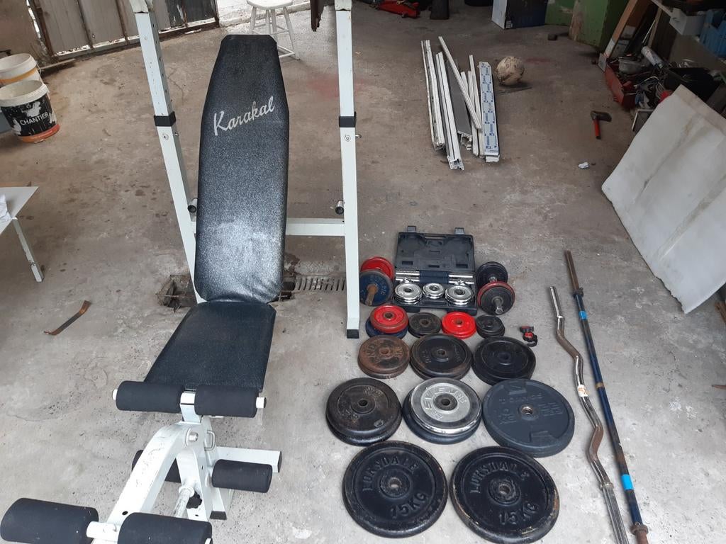 Krachtbank + gewichten + halter + halters..., Ophalen, Zo goed als nieuw, Benen, Dumbbell