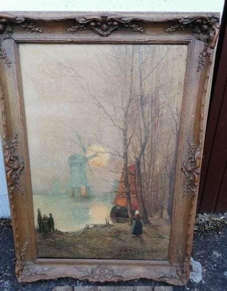 antiek schilderij landschap Kunstenaar R.  Geiger, Ophalen, Doek, Olieverf, Klassiek
