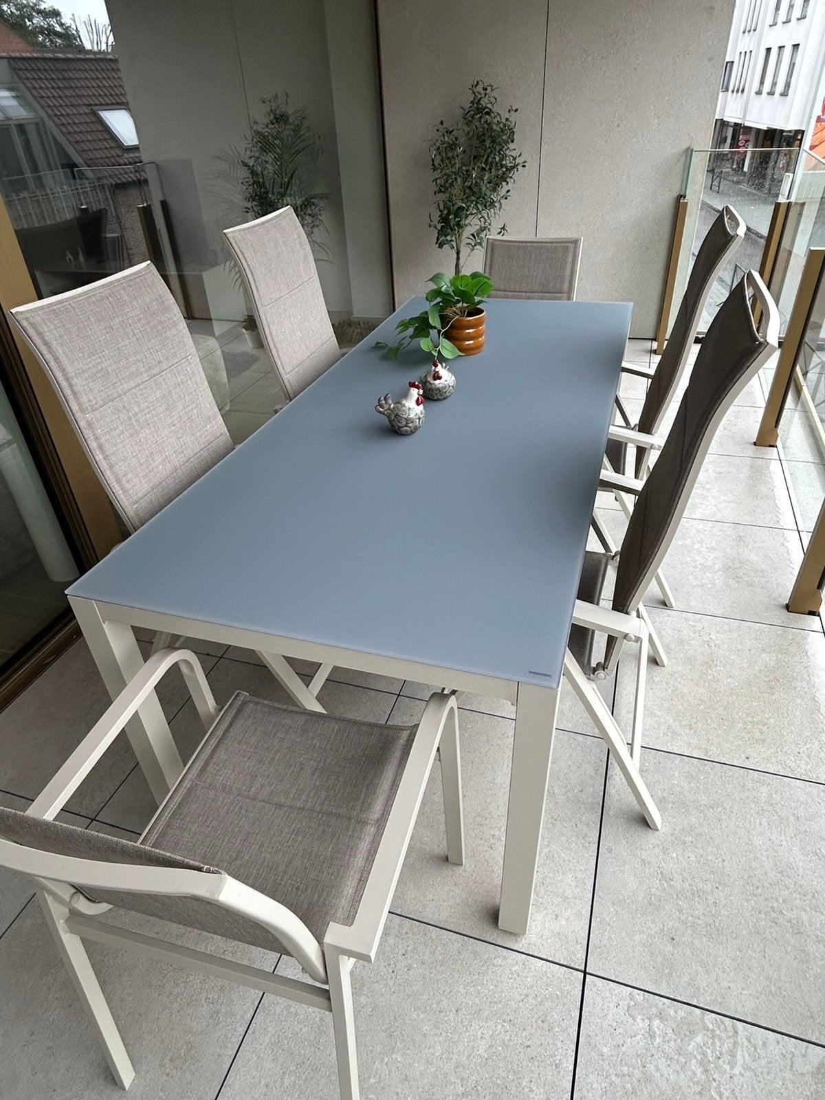 Tuintafel 210x90, mat glasplaat., Ophalen, Zo goed als nieuw
