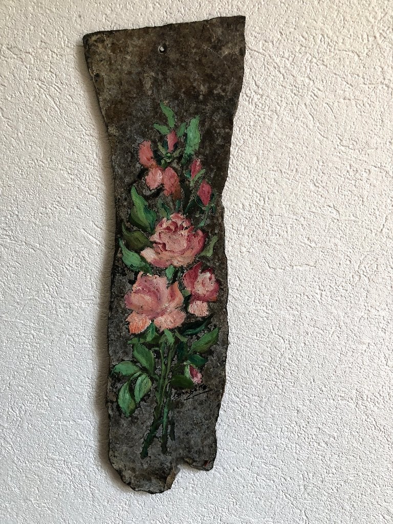Ardoise avec scène florale peinte (signée), Antiquités & Art, Art | Peinture | Classique, Enlèvement ou Envoi, Peinture à l'huile