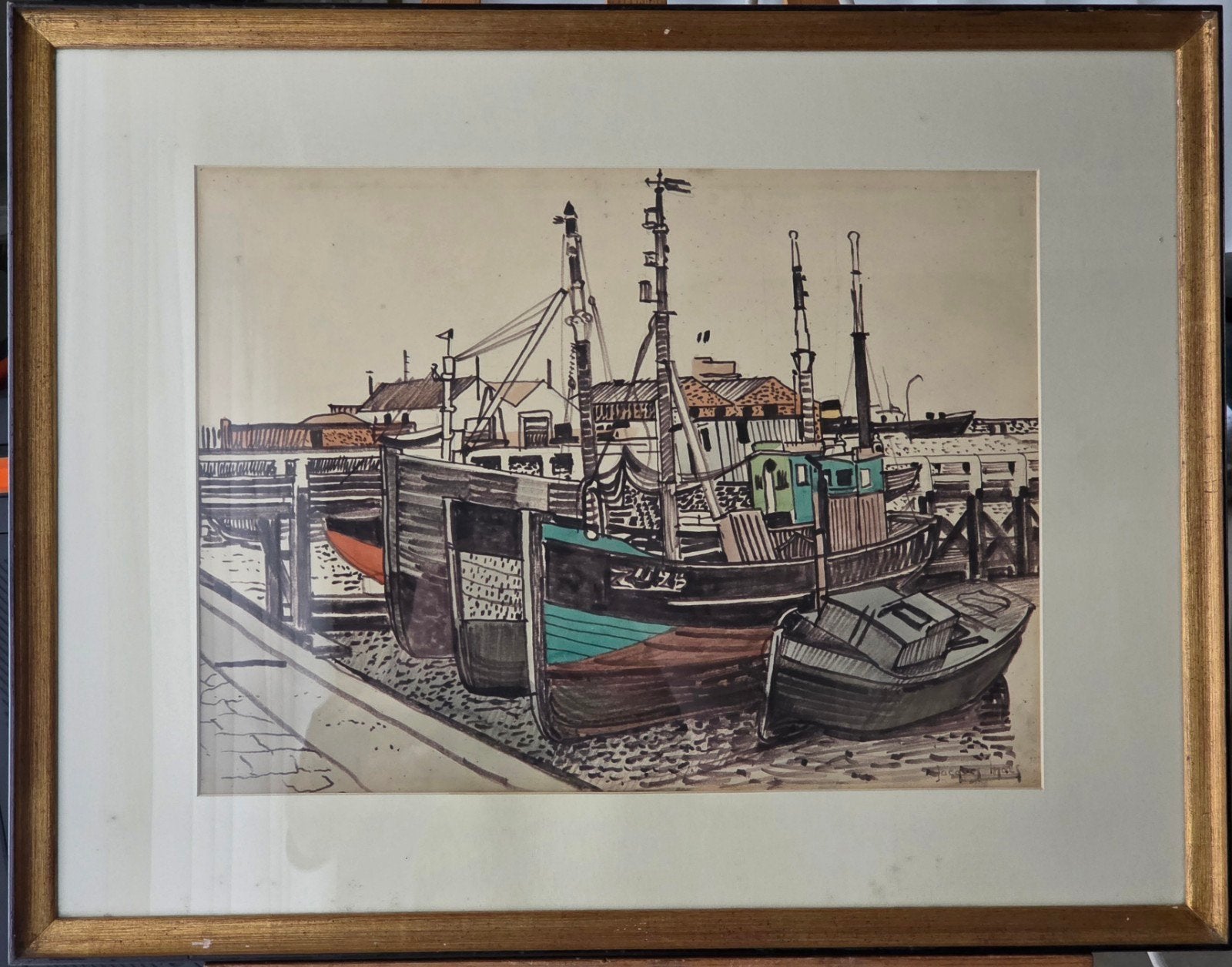 jaques maes, Maritiem / water, Papier, Gemengde techniek, Achter glas