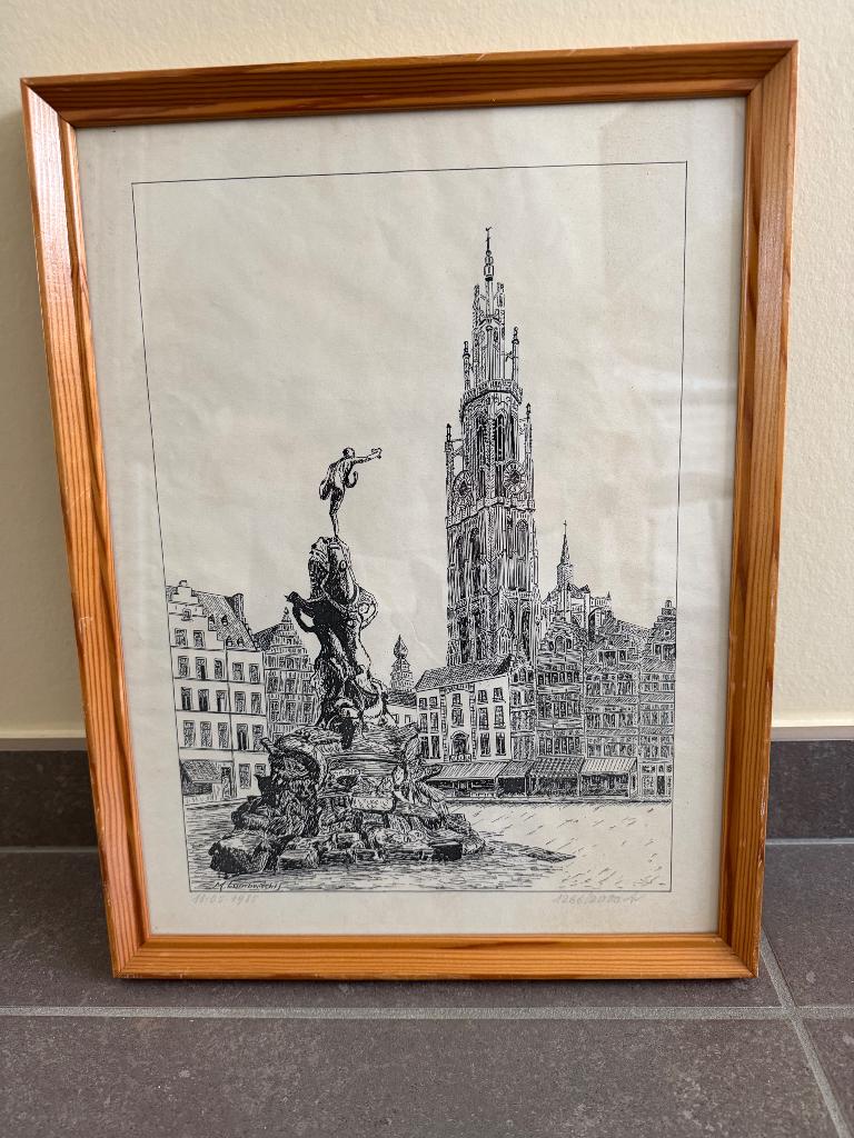 Ets  Antwerpen, Grote Markt/ M. Lamberechts, Antiek en Kunst, Ophalen of Verzenden, Ets, Ingelijst, 1950 - 1999