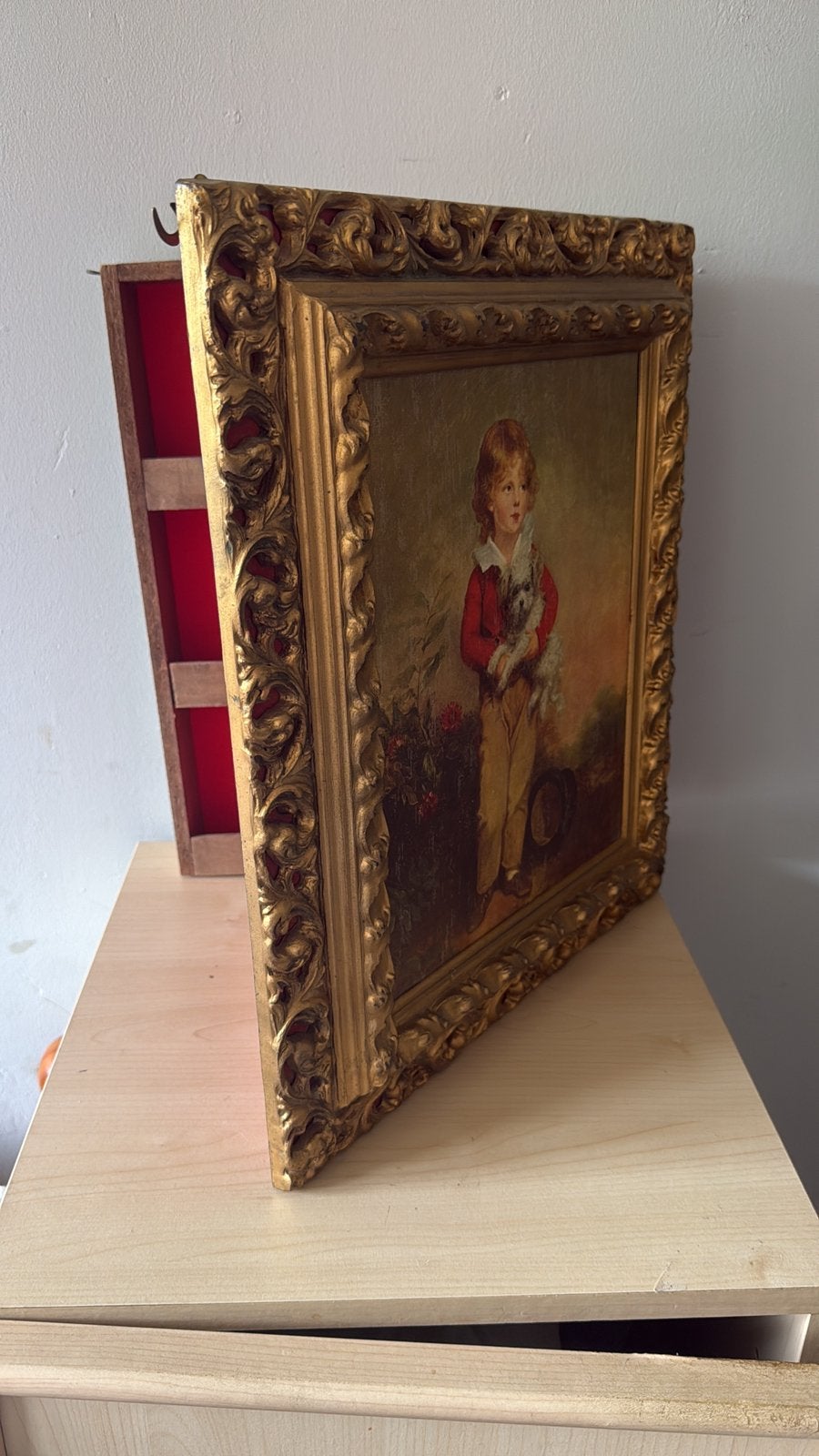Schitterende prent in een gouden lijst/kast: Jongen met hond, Ophalen of Verzenden