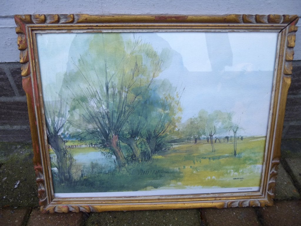 Aquarel met de naam scheldelandschap, Antiek en Kunst, Ophalen, Achter glas, Aquarel