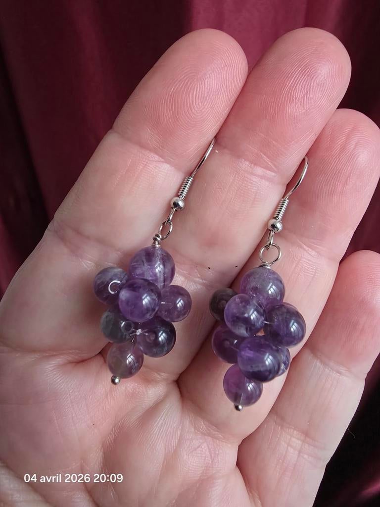 Boucles d'oreilles raisins avec améthyste naturelle, Neuf, Enlèvement, Pendantes, Autres matériaux
