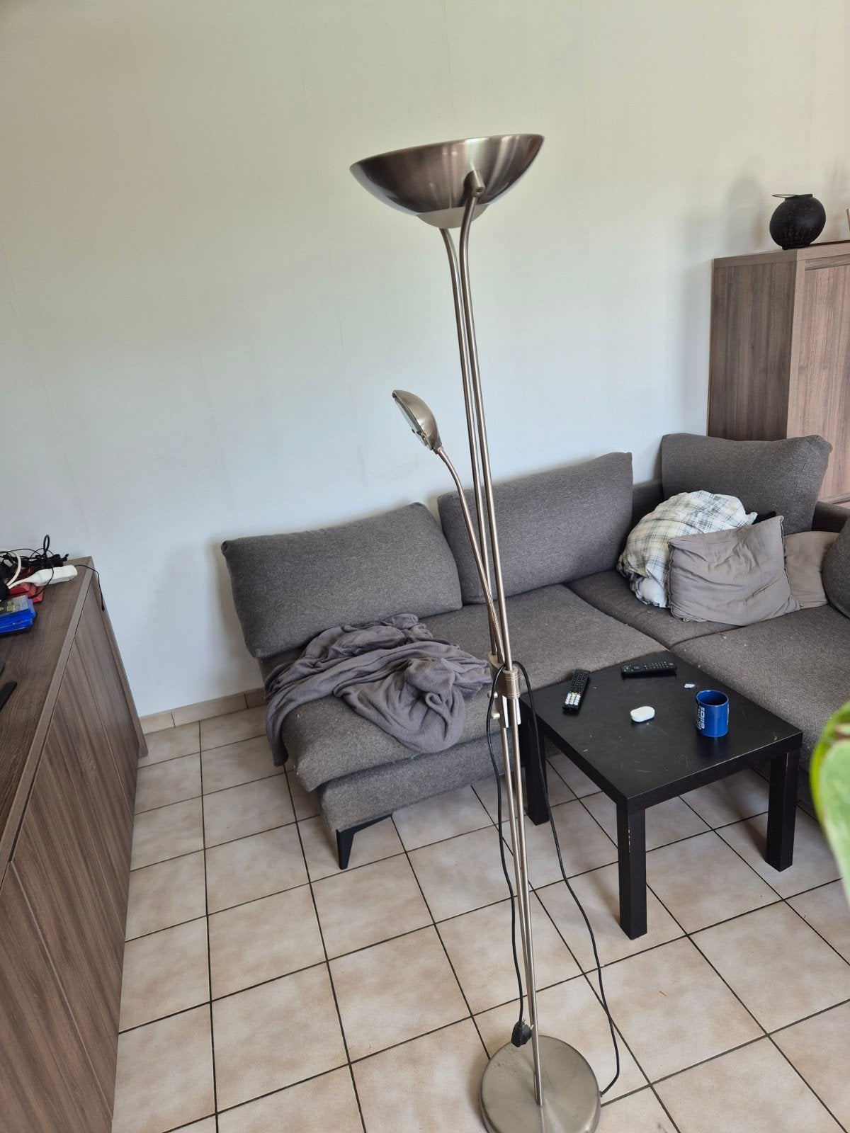 Vloerlamp geborsteld staal met leeslamp., Huis en Inrichting, Lampen | Vloerlampen, Ophalen, Gebruikt, Metaal, 150 tot 200 cm